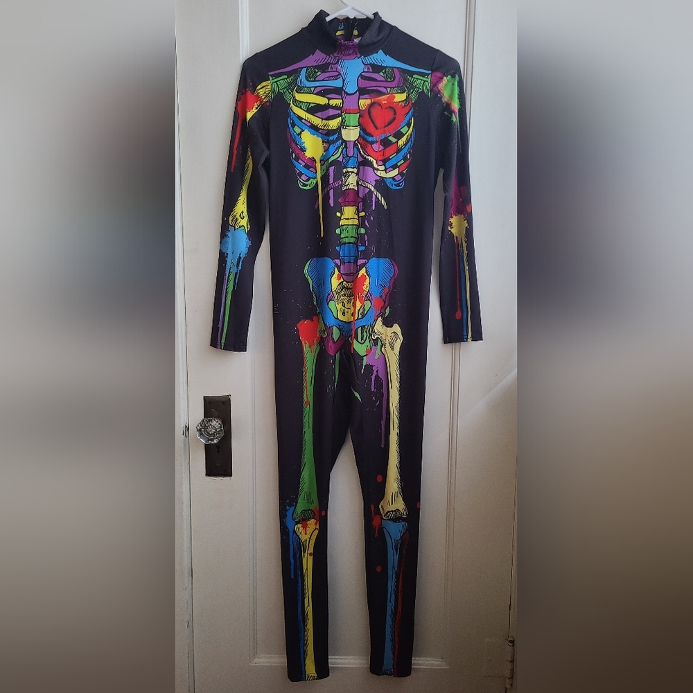 Colorful Skeleton One Piece Fitted Jumpsuit Large Halloween Costume